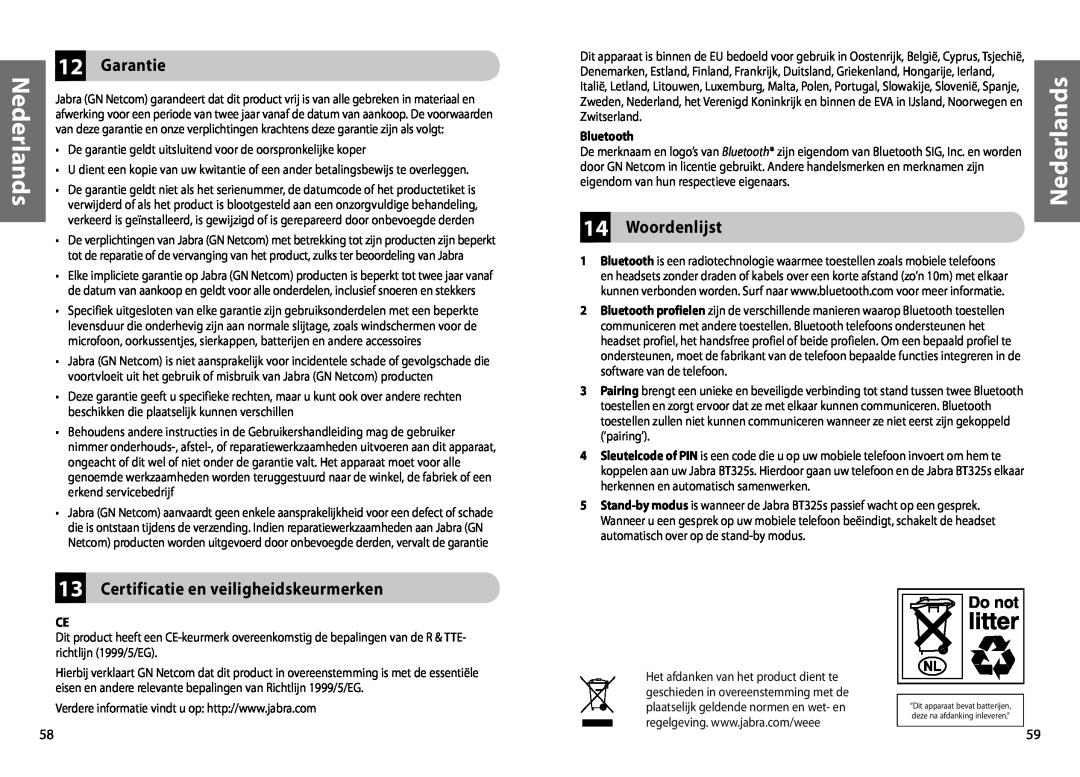 Jabra BT325s user manual Nederlands, Certificatie en veiligheidskeurmerken, 14Woordenlijst, 12Garantie 