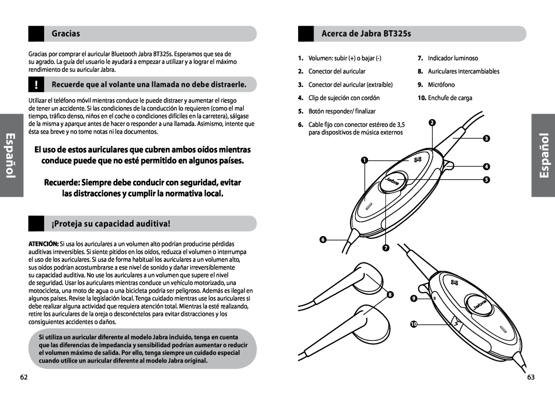 Jabra BT325s user manual Gracias, las distracciones y cumplir la normativa local, ¡Proteja su capacidad auditiva, Español 