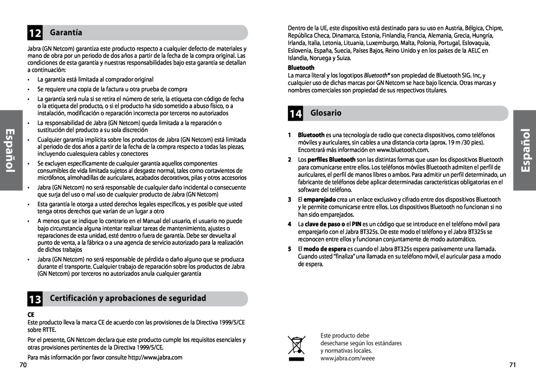 Jabra BT325s user manual 12Garantía, 13Certificación y aprobaciones de seguridad, 14Glosario, Español 
