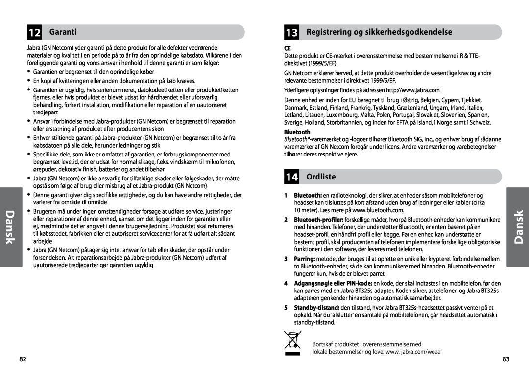 Jabra BT325s user manual 12Garanti, 13Registrering og sikkerhedsgodkendelse, 14Ordliste, Dansk 