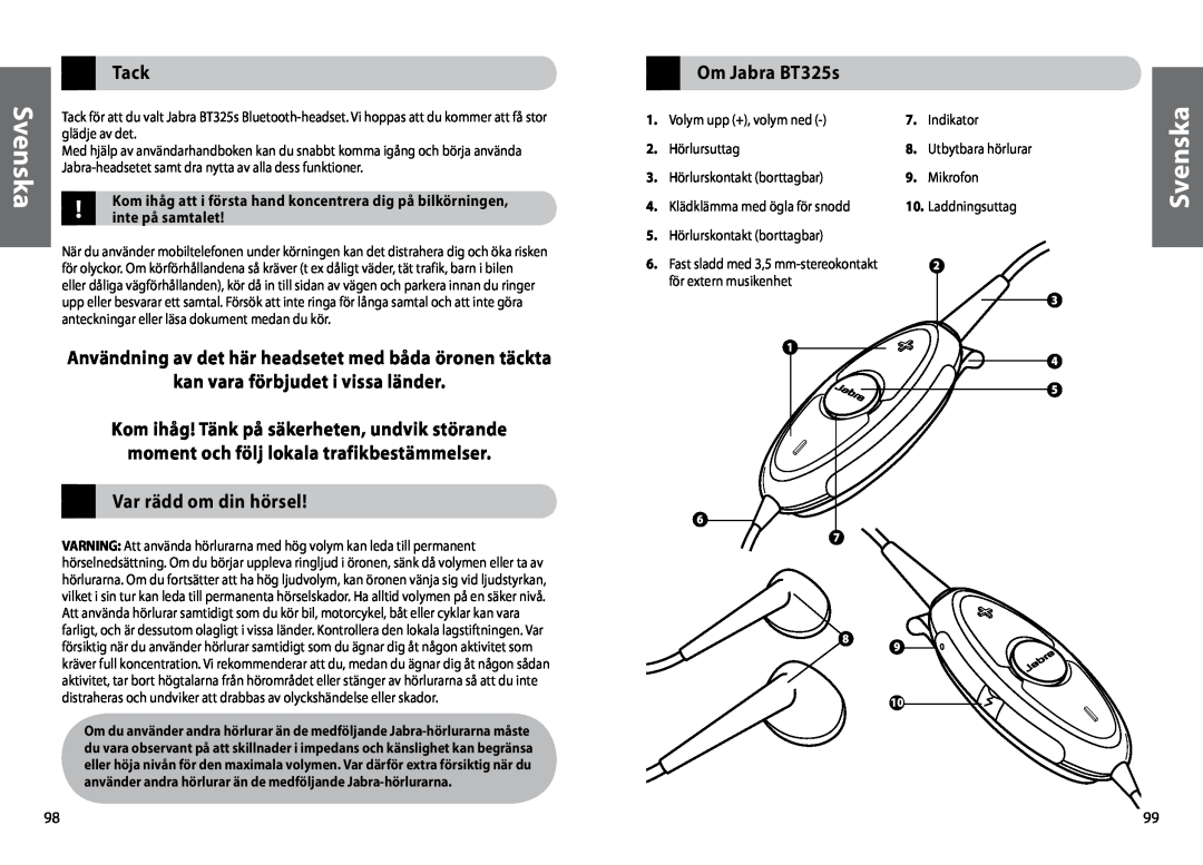 Jabra user manual Tack, kan vara förbjudet i vissa länder, Var rädd om din hörsel, Svenska, Om Jabra BT325s 