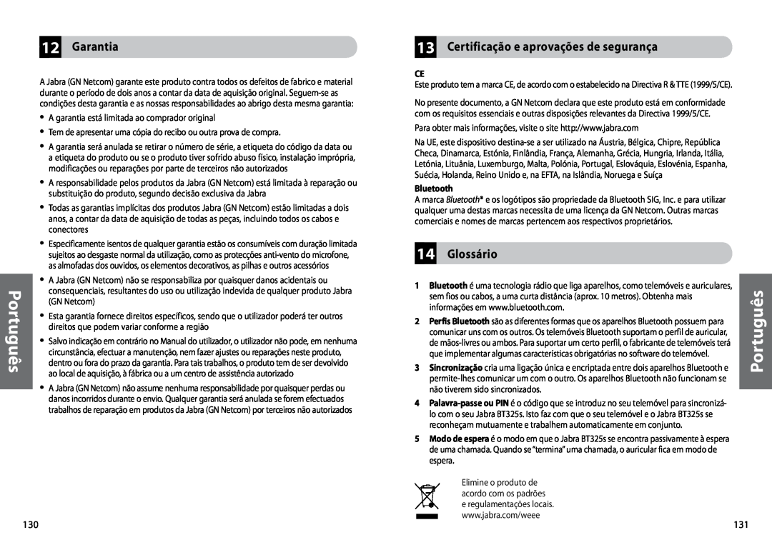 Jabra BT325s user manual 12Garantia, 13Certificação e aprovações de segurança, 14Glossário, Português 