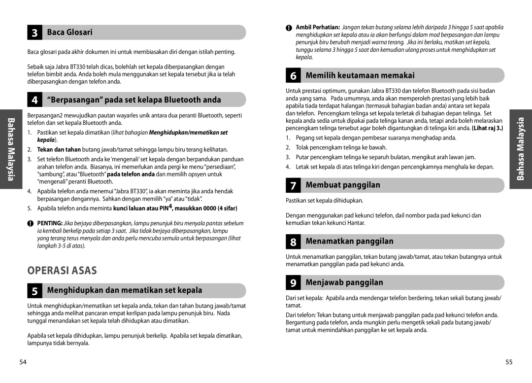 Jabra BT330 user manual Baca Glosari, Berpasangan pada set kelapa Bluetooth anda, Menghidupkan dan mematikan set kepala 