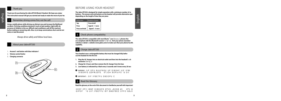 Jabra user manual Thank you, Remember, driving comes first, not the call, Check phone compatibility Charge Jabra BT330 