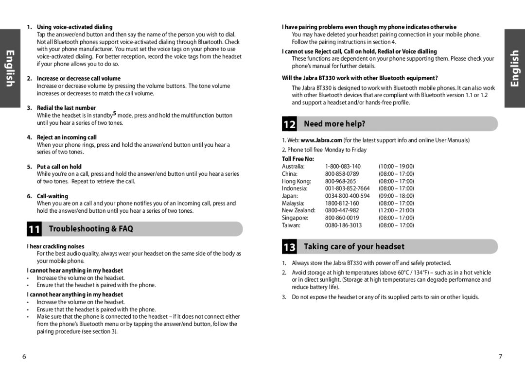 Jabra BT330 user manual Troubleshooting & FAQ, Need more help?, Taking care of your headset 