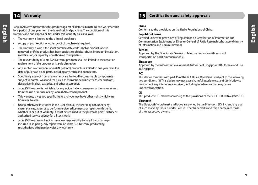 Jabra BT330 user manual Warranty, Certification and safety approvals 