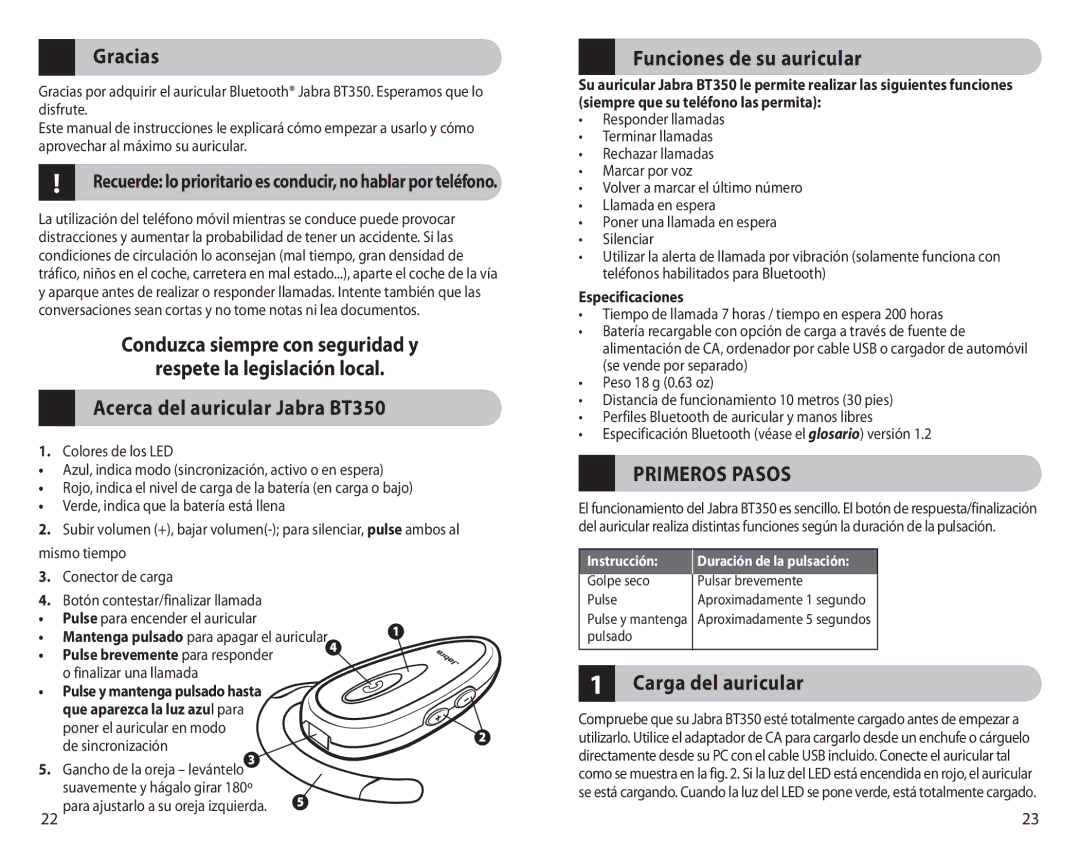 Jabra BT350 user manual Gracias, Funciones de su auricular, Carga del auricular 