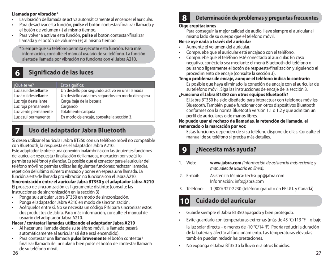 Jabra BT350 Significado de las luces, Uso del adaptador Jabra Bluetooth, ¿Necesita más ayuda?, Cuidado del auricular 