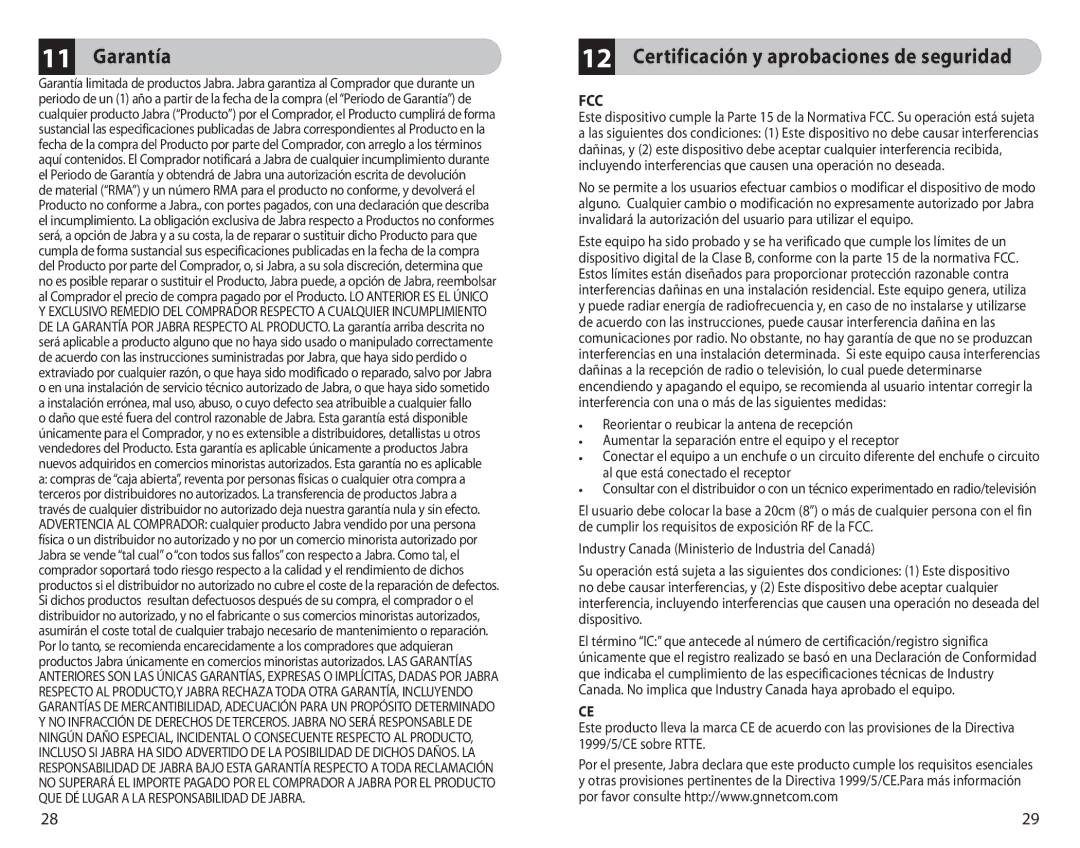 Jabra BT350 user manual Garantía, Certificación y aprobaciones de seguridad 