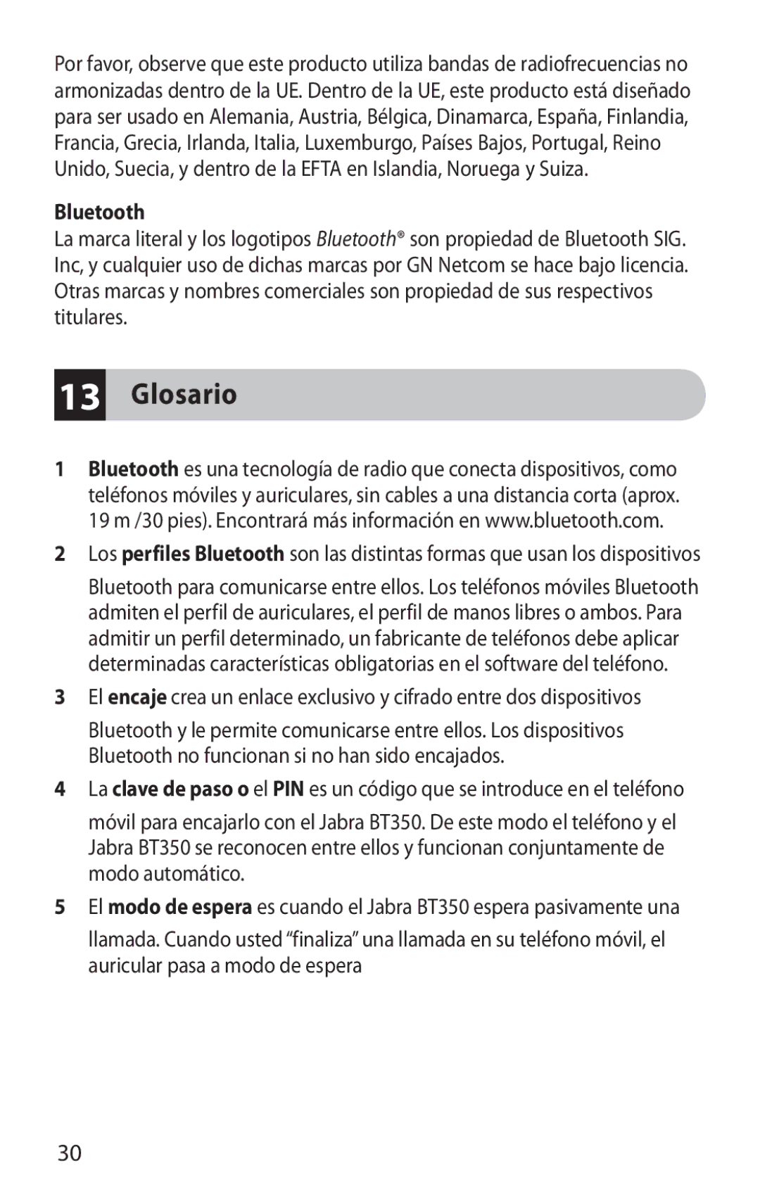 Jabra BT350 user manual Glosario, Bluetooth 