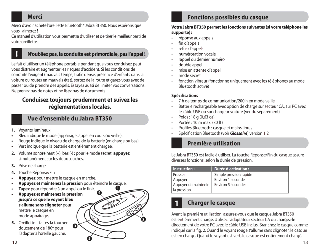 Jabra BT350 user manual Merci, Fonctions possibles du casque, Première utilisation, Charger le casque 