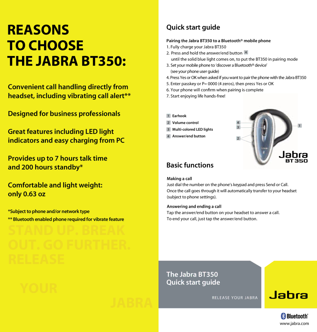 Jabra quick start Reasons To Choose Jabra BT350, Your Jabra, Quick start guide, Basic functions 