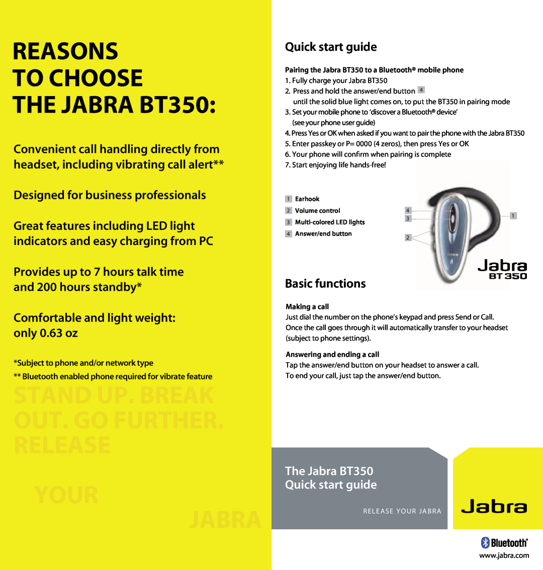 Jabra quick start REASONS TO CHOOSE THE JABRA BT350, Your Jabra, Stand Up. Break Out. Go Further. Release 