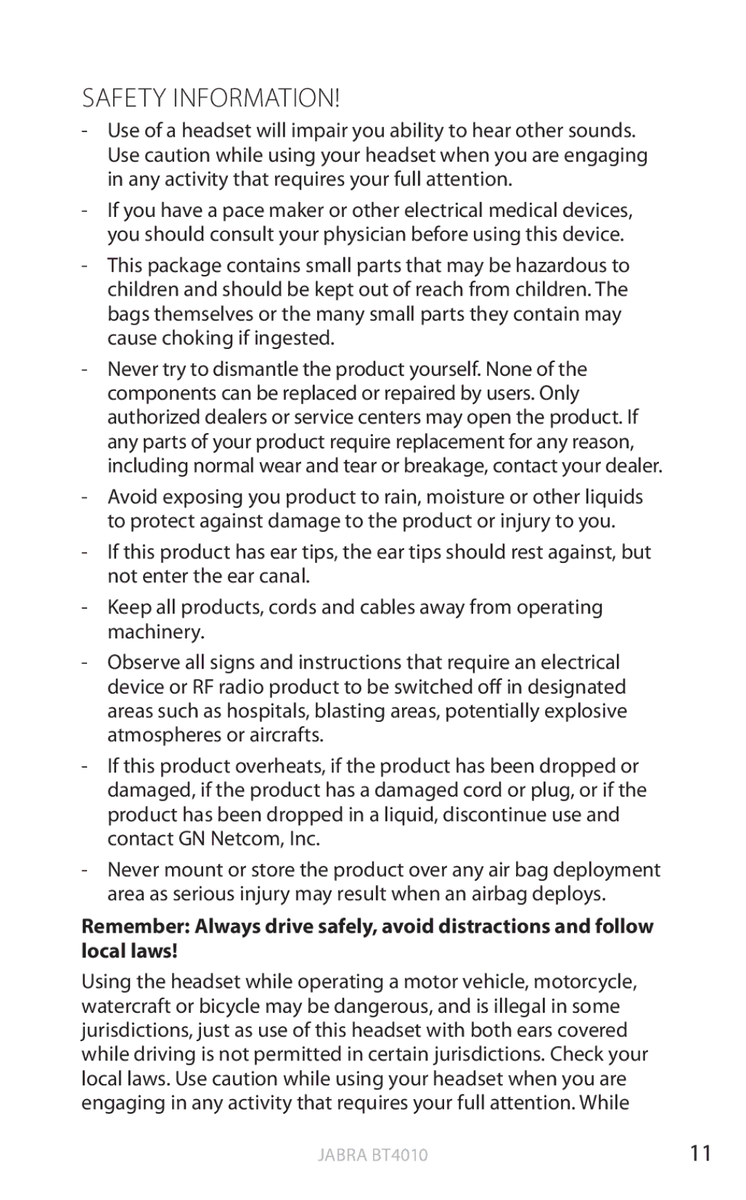 Jabra BT4010 user manual Safety Information 