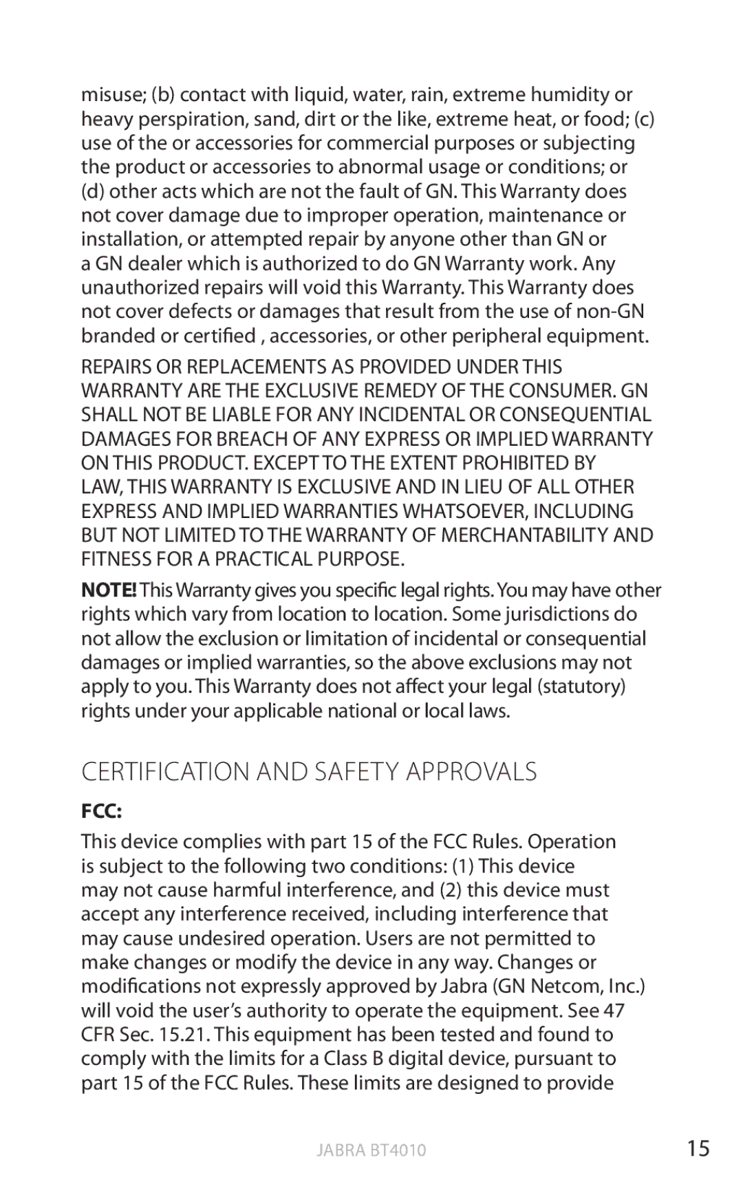 Jabra BT4010 user manual Certification and safety approvals, Fcc 