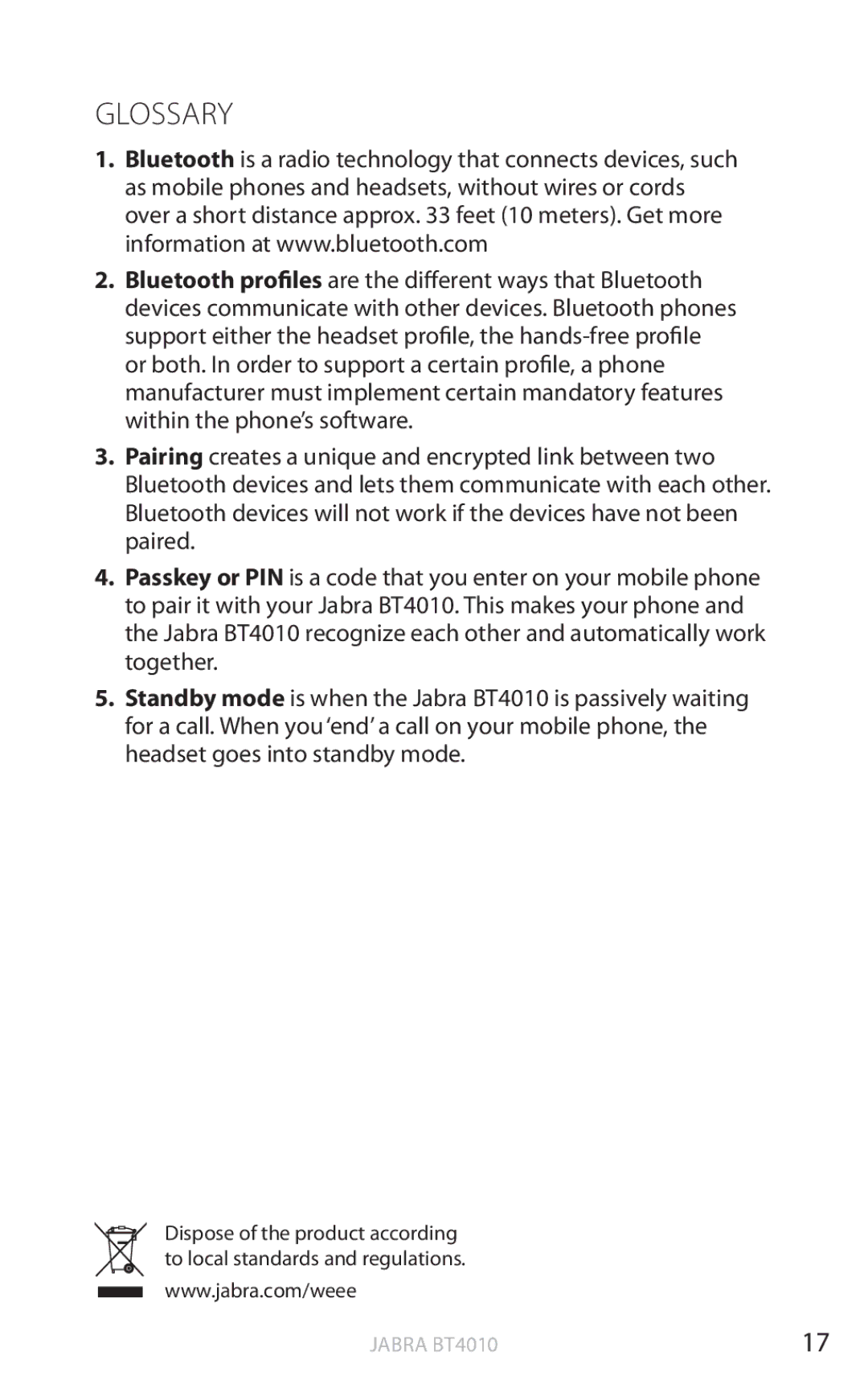 Jabra BT4010 user manual Glossary 