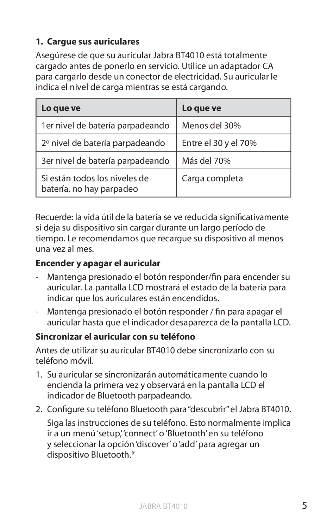 Jabra BT4010 Cargue sus auriculares, Lo que ve, Encender y apagar el auricular, Sincronizar el auricular con su teléfono 