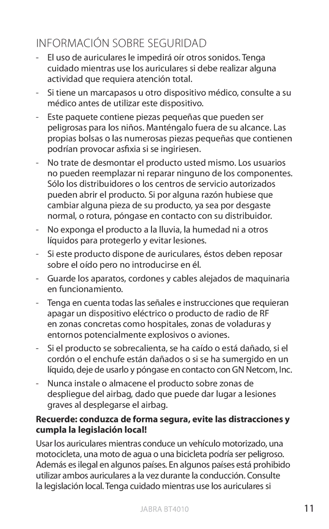 Jabra BT4010 user manual Información Sobre Seguridad 