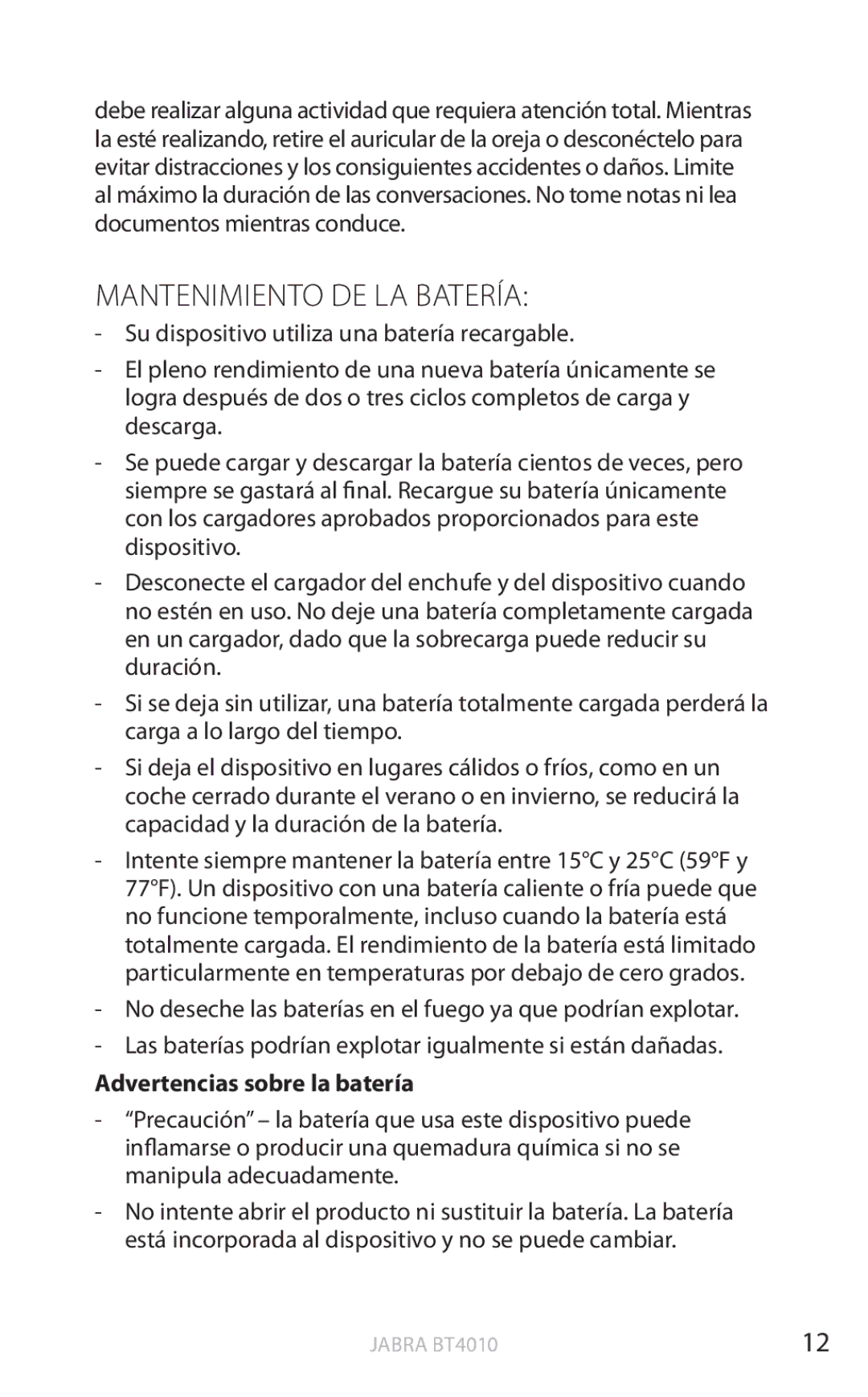 Jabra BT4010 user manual Mantenimiento DE LA Batería, Advertencias sobre la batería 