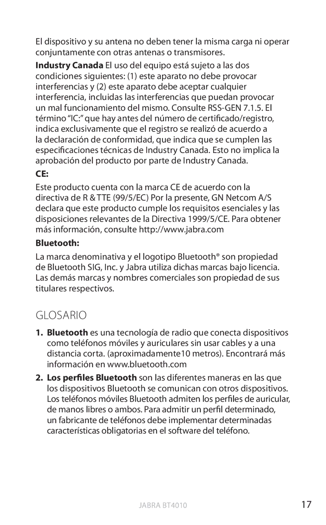 Jabra BT4010 user manual Glosario, Bluetooth 