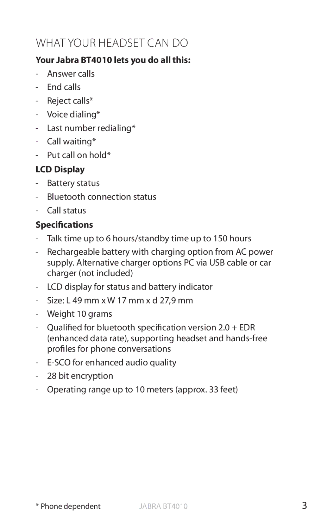 Jabra user manual What your headset can do, Your Jabra BT4010 lets you do all this, Specifications 