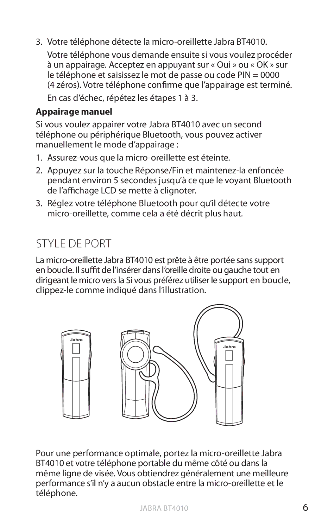 Jabra BT4010 user manual Style DE Port, Appairage manuel 