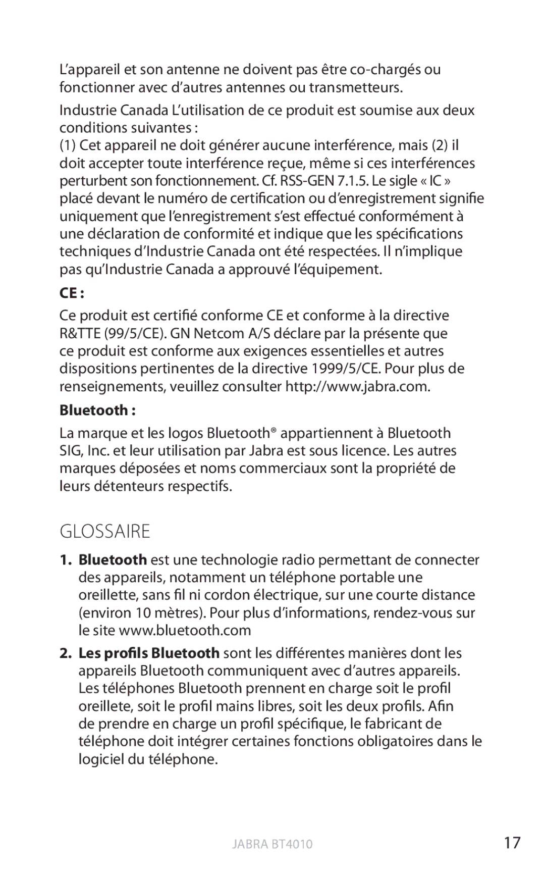 Jabra BT4010 user manual Glossaire, Bluetooth 