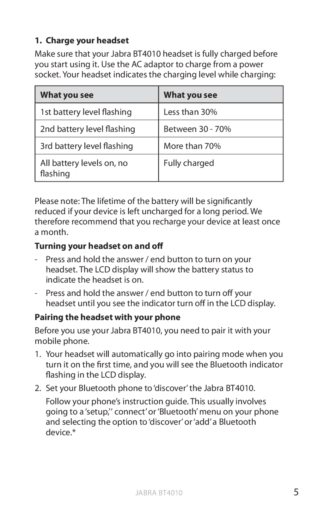 Jabra BT4010 Charge your headset, What you see, Turning your headset on and off, Pairing the headset with your phone 