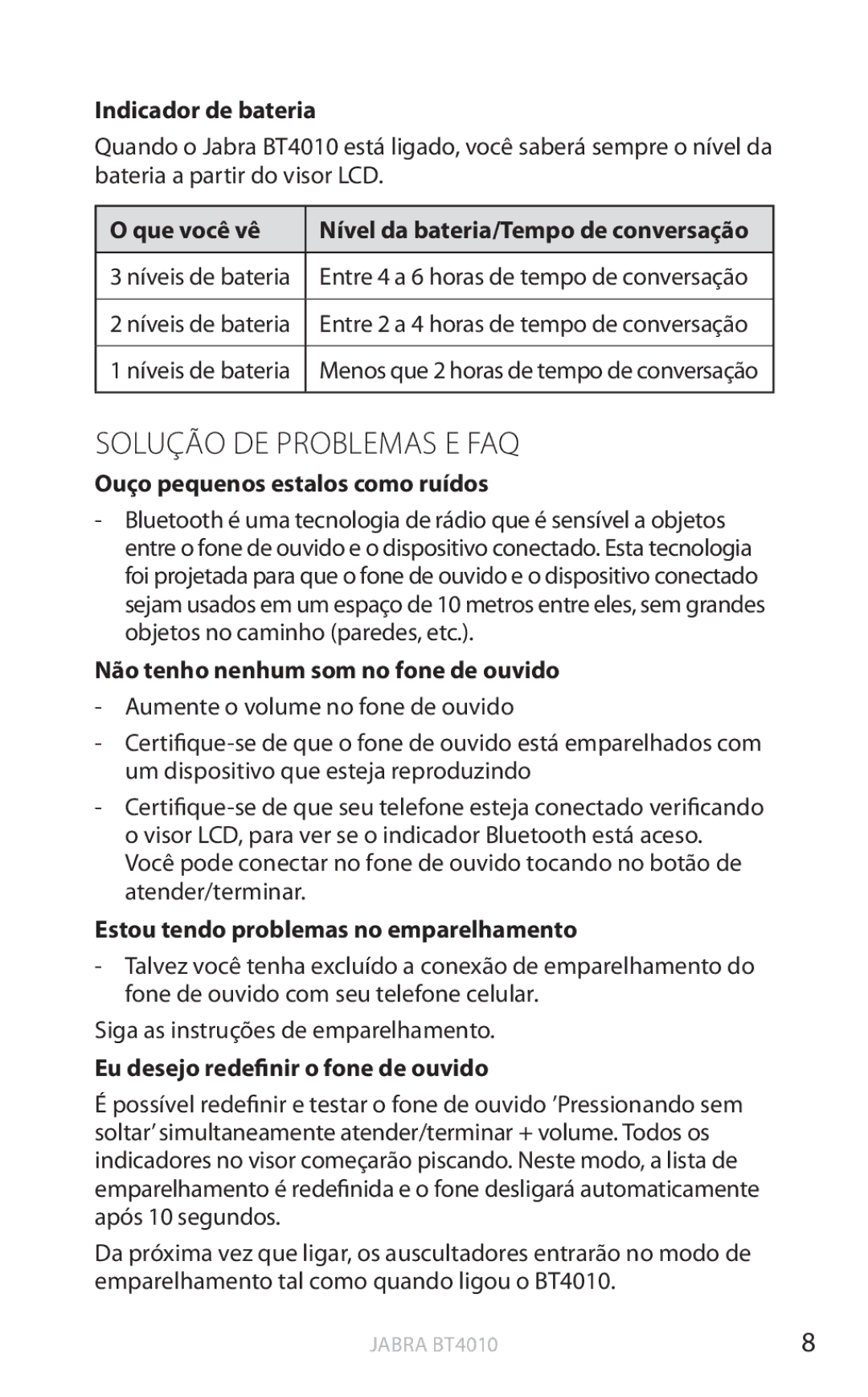 Jabra BT4010 user manual Solução DE Problemas E FAQ 