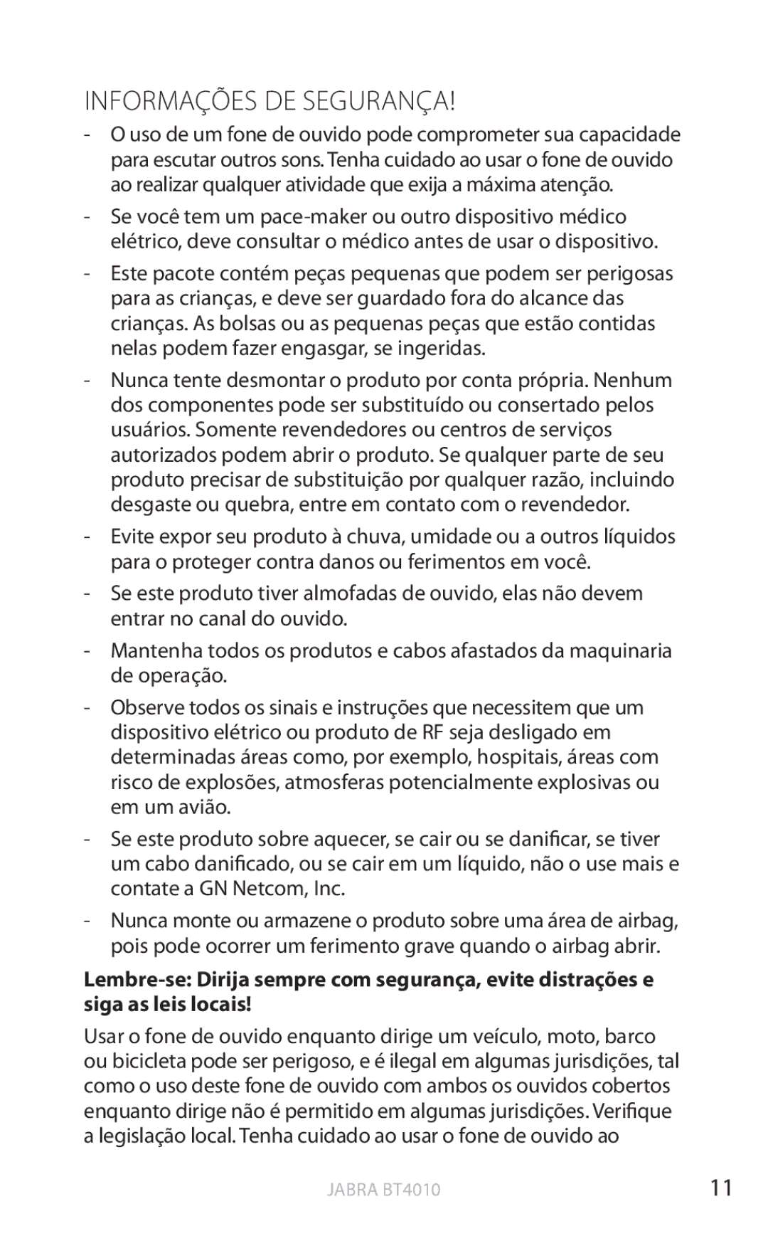 Jabra BT4010 user manual Informações DE Segurança 