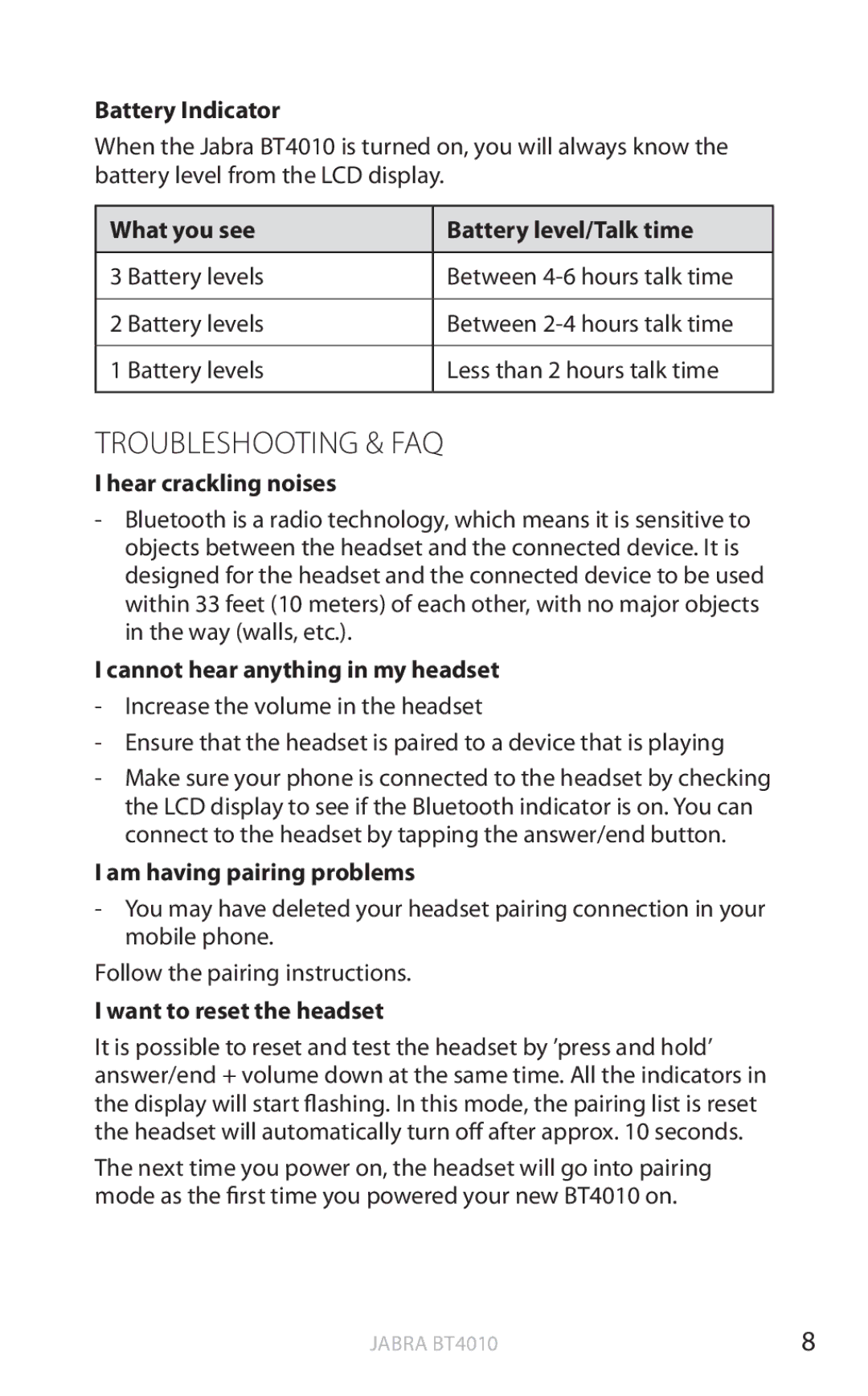 Jabra BT4010 user manual Troubleshooting & FAQ 