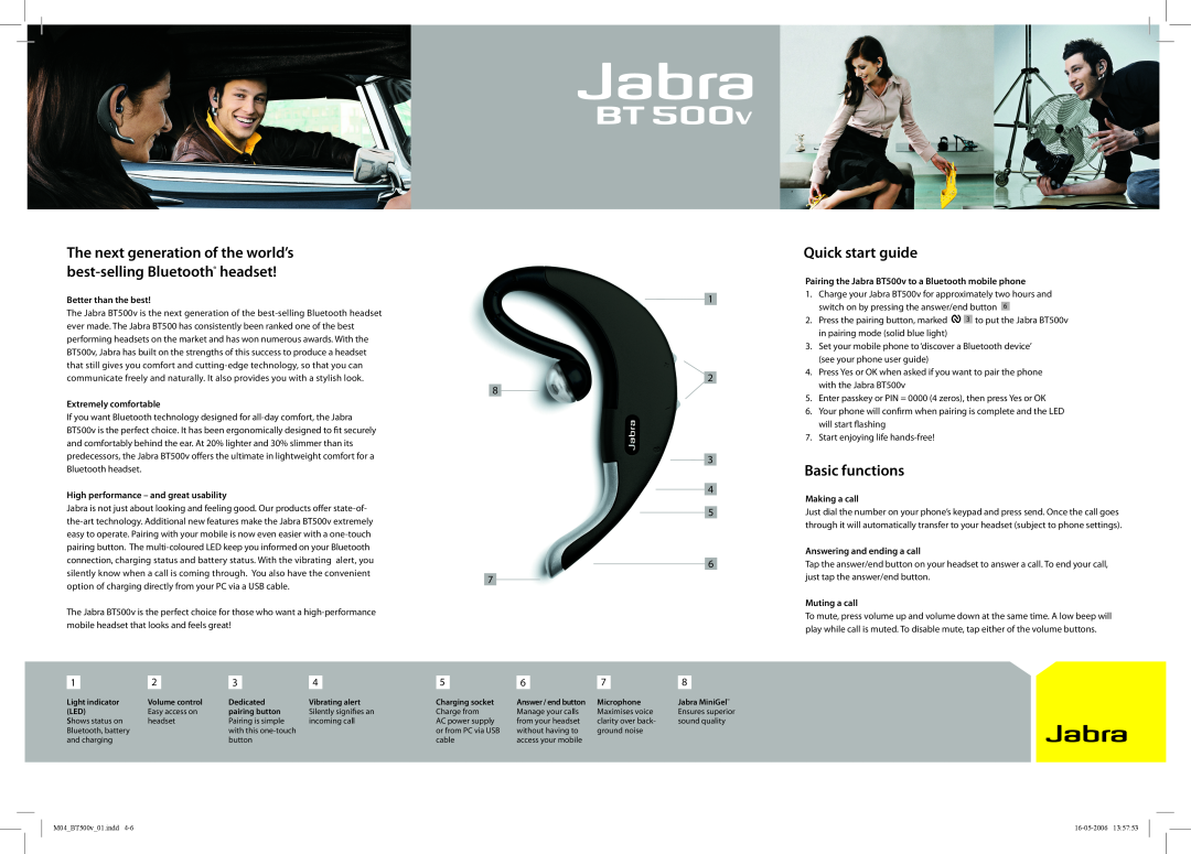 Jabra BT500v manual The next generation of the world’s best-selling Bluetooth headset, Quick start guide, Basic functions 