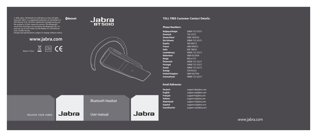 Jabra BT5010 user manual Bluetooth headset, 0800 