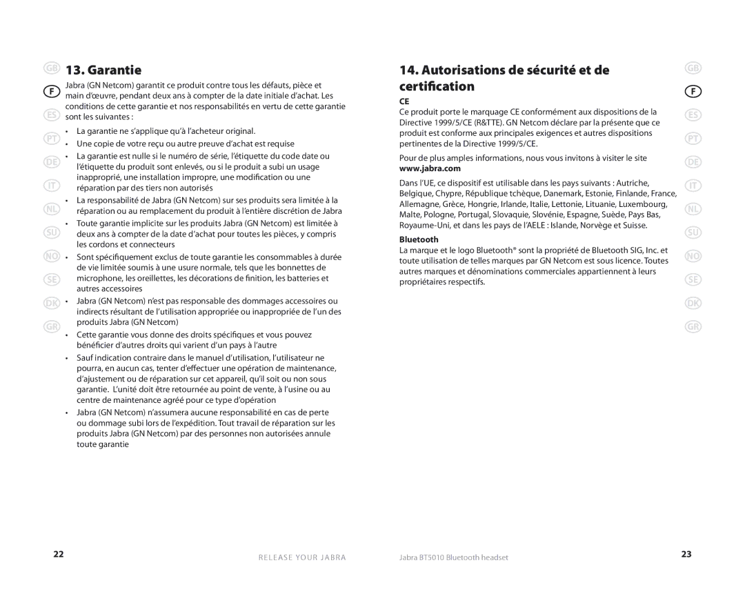 Jabra BT5010 user manual Garantie, Autorisations de sécurité et de certification 