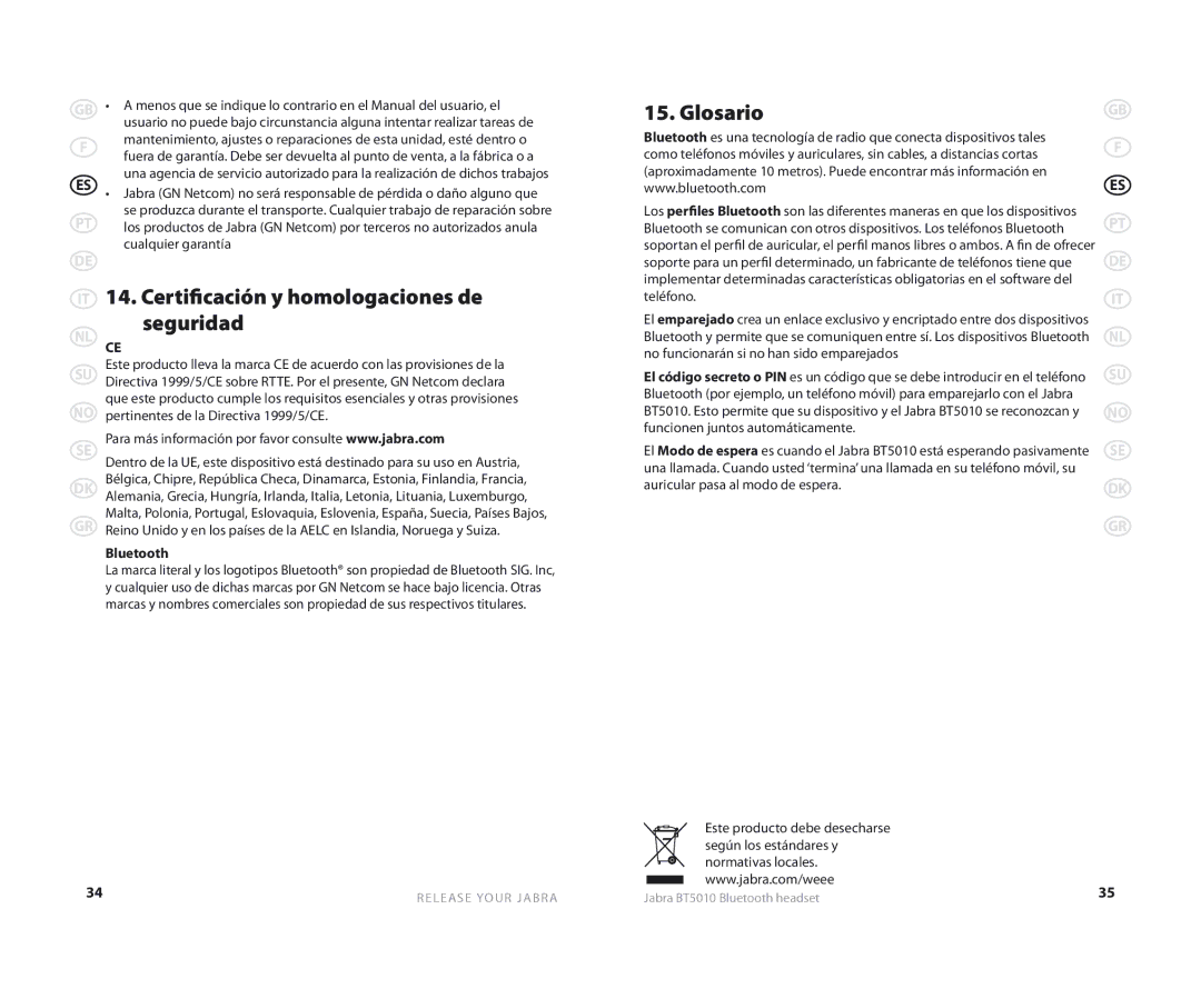 Jabra BT5010 user manual Certificación y homologaciones de seguridad, Glosario 