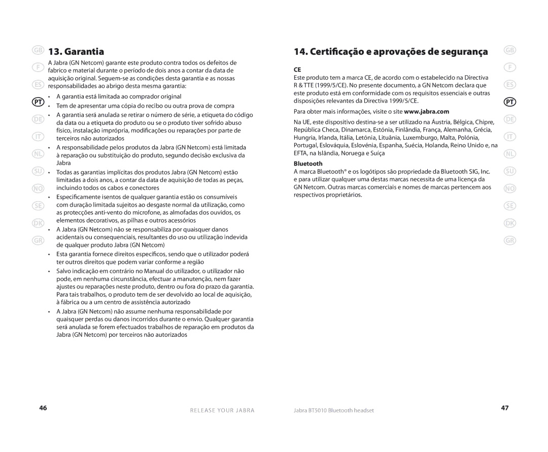 Jabra BT5010 user manual Garantia, Certificação e aprovações de segurança 