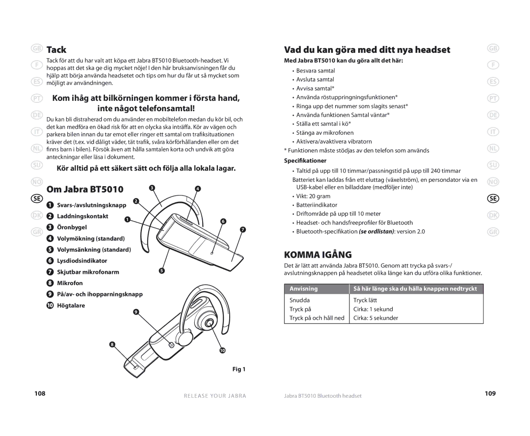 Jabra BT5010 user manual Tack, Vad du kan göra med ditt nya headset, Komma Igång 