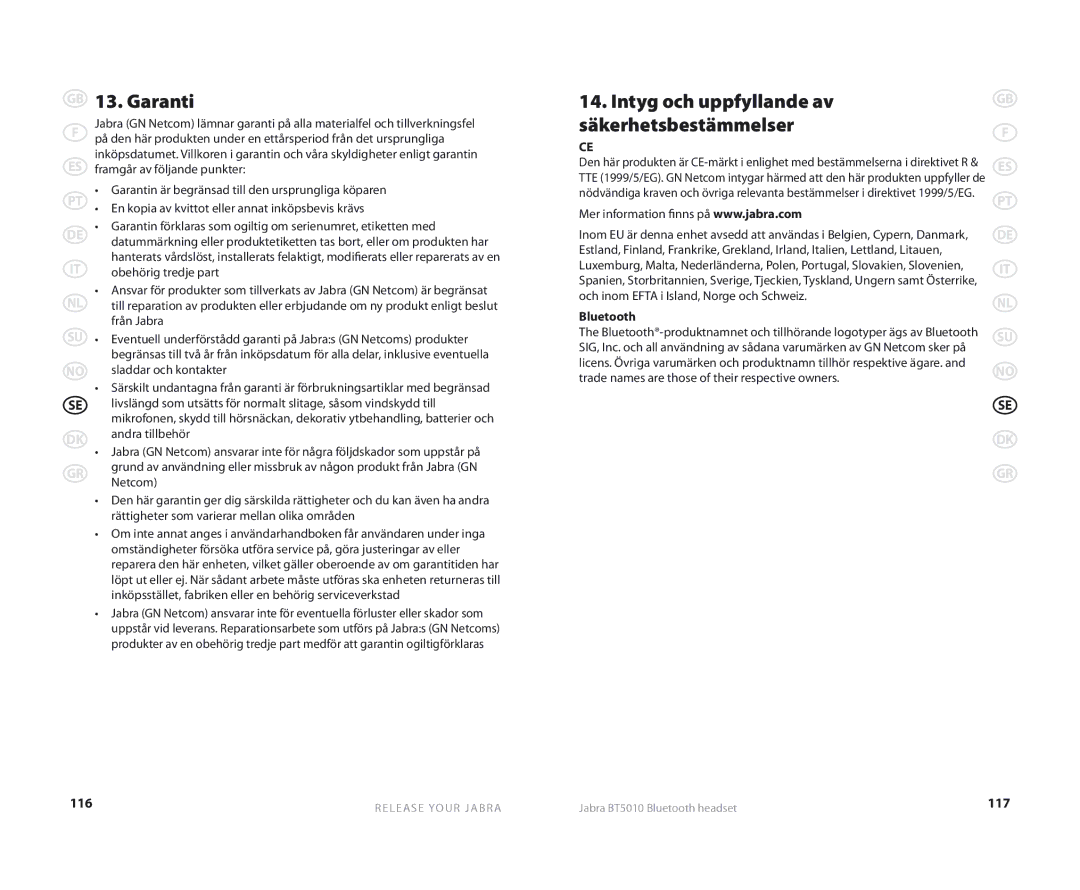 Jabra BT5010 user manual Garanti, Intyg och uppfyllande av säkerhetsbestämmelser 