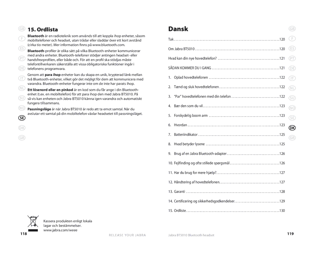 Jabra BT5010 user manual Dansk, Ordlista, 118, 119 