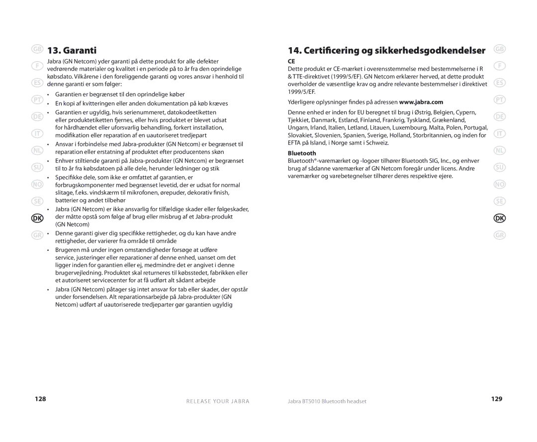 Jabra BT5010 user manual Garanti, Certificering og sikkerhedsgodkendelser 