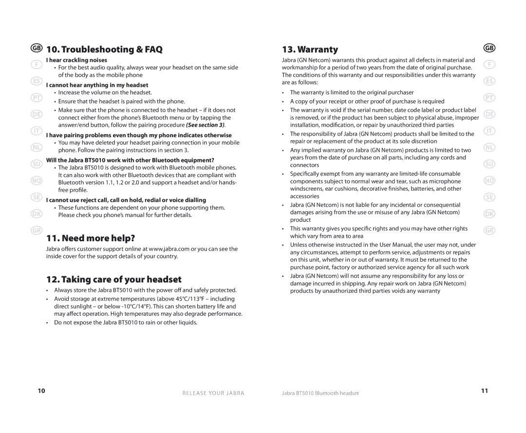 Jabra BT5010 Troubleshooting & FAQ, GR 11. Need more help? Taking care of your headset, Warranty, Hear crackling noises 