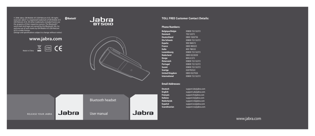Jabra BT5010 user manual TOLL FREE Customer Contact Details, Phone Numbers, Email Addresses 