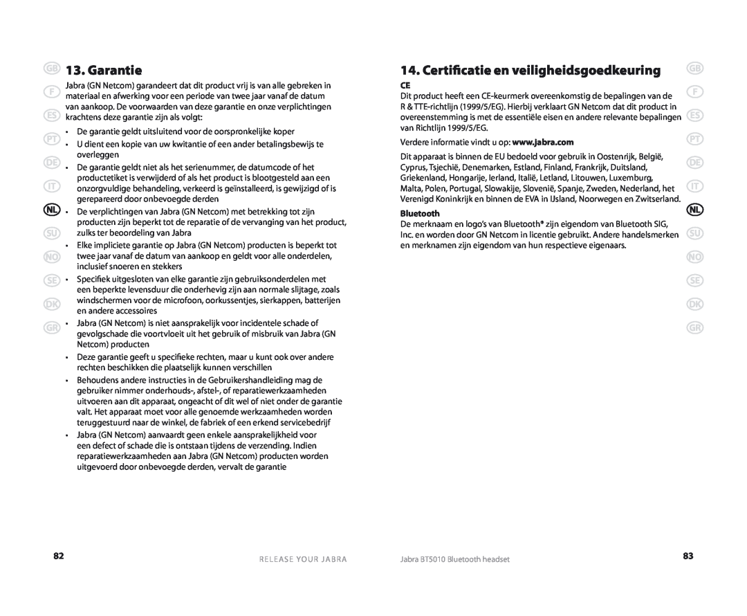 Jabra BT5010 user manual Certificatie en veiligheidsgoedkeuring, Garantie, Bluetooth 