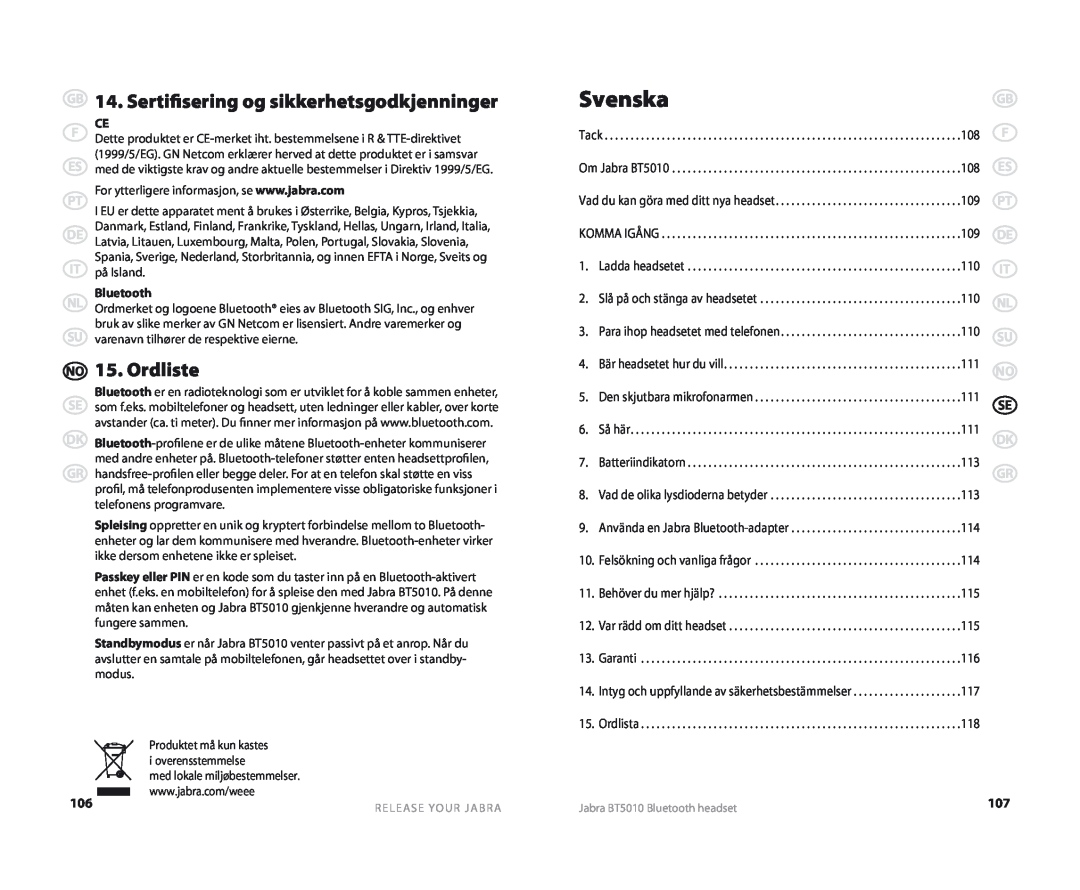 Jabra BT5010 user manual Svenska, Ordliste, Sertifisering og sikkerhetsgodkjenninger 