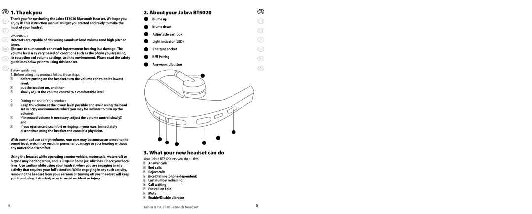 Jabra Thank you, About your Jabra BT5020, What your new headset can do, During the use of this product, Volume up 