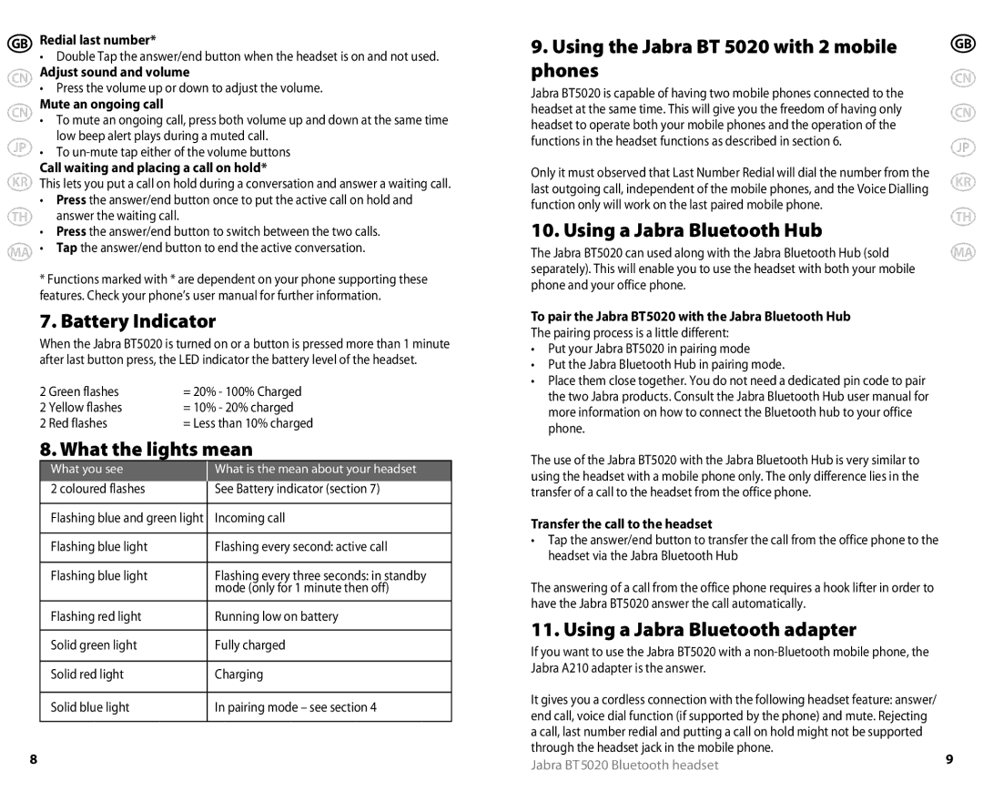 Jabra BT5020 user manual Battery Indicator, What the lights mean, Using the Jabra BT 5020 with 2 mobile phones 