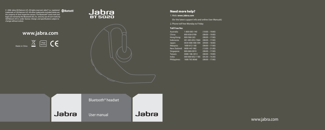 Jabra BT5020 user manual Toll Free No, Need more help? 