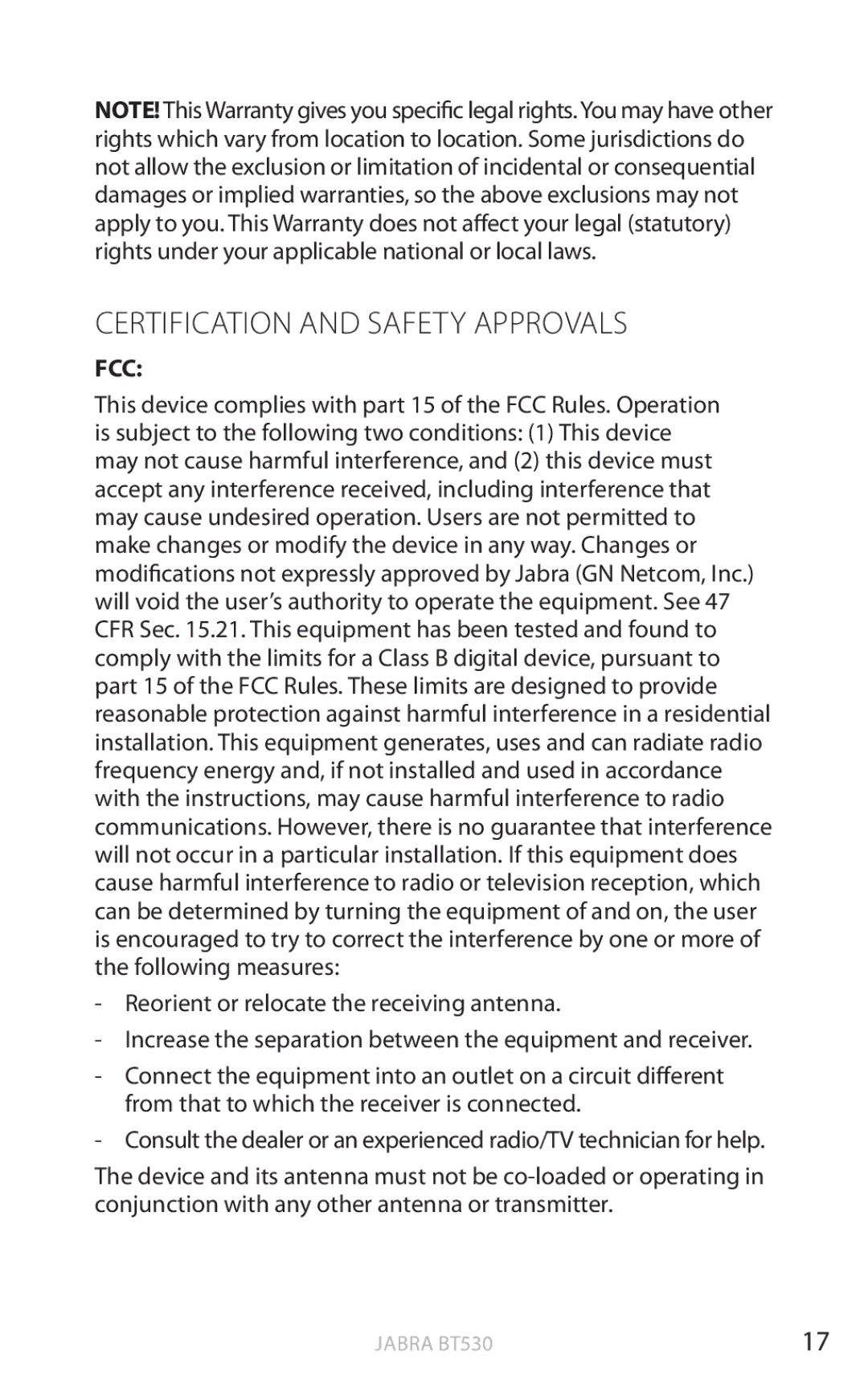 Jabra BT530 user manual Certification and safety approvals, Fcc 