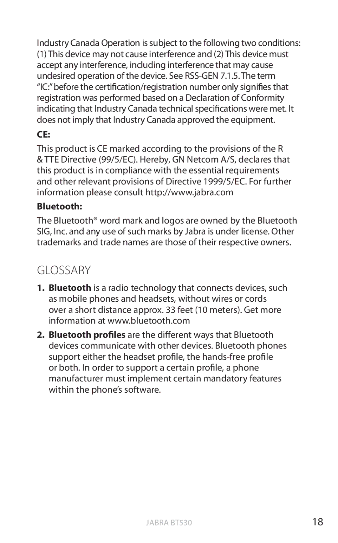 Jabra BT530 user manual Glossary, Bluetooth 