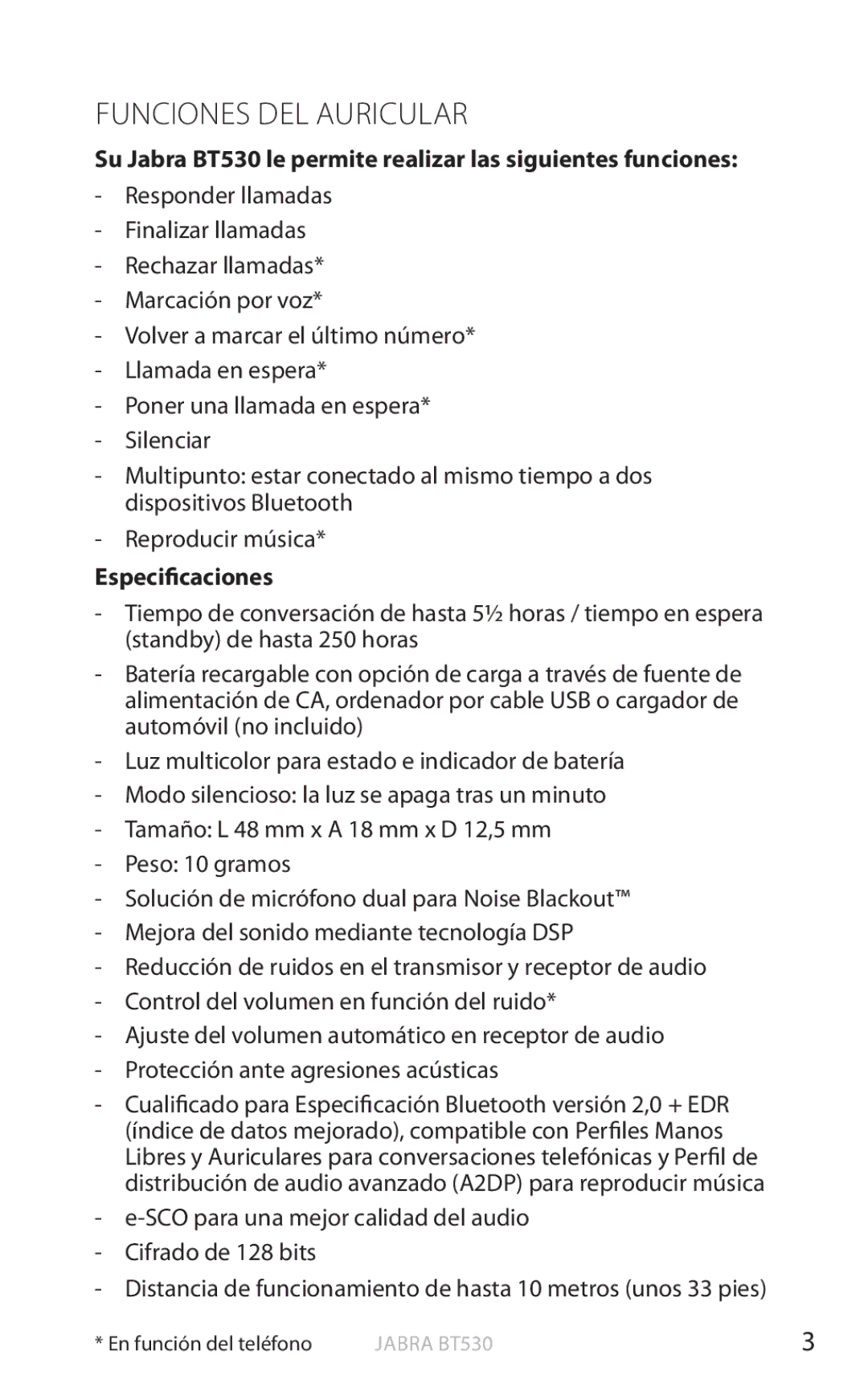 Jabra BT530 user manual Funciones DEL Auricular, Especificaciones, SCO para una mejor calidad del audio Cifrado de 128 bits 